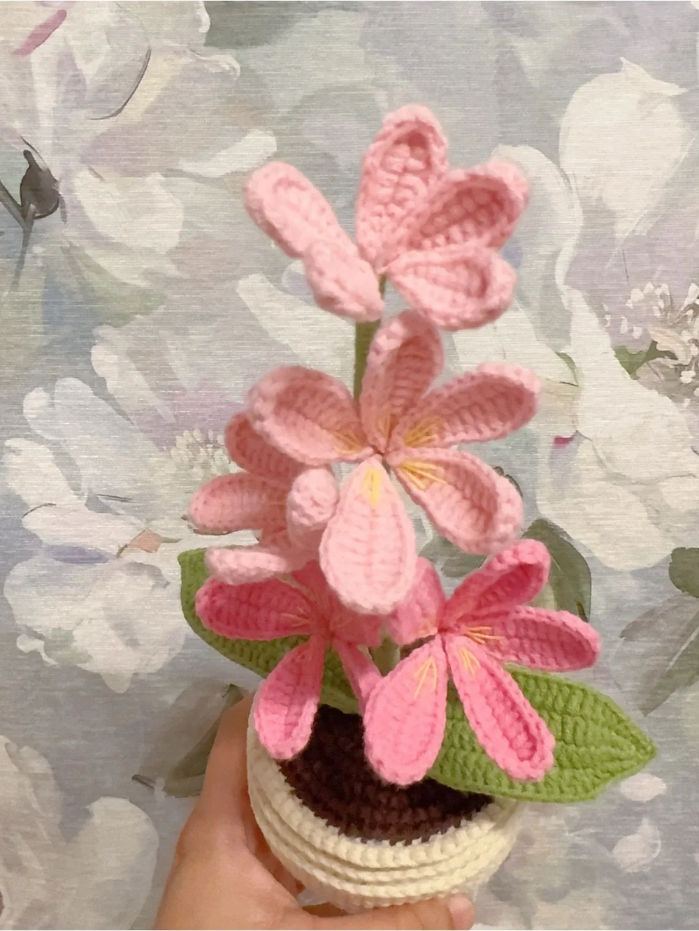 Handmade Pink Crochet Flower Plant in Cream Pot - Home Accents